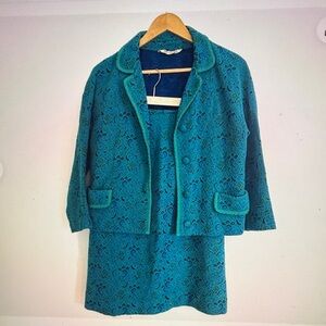 Vintage Tricosa Green Blue Brocade 3 Piece Suit Pure Virgin Wool Size 12/34
